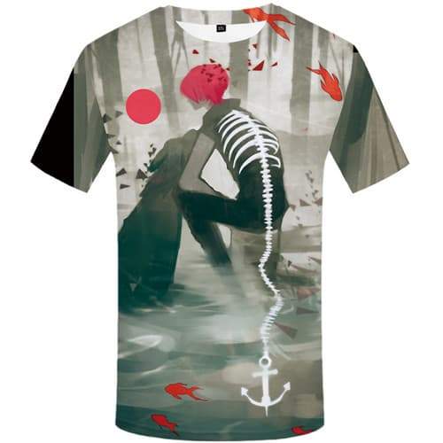 Fish T shirts Men Skeleton Tshirts Casual Animal Tshirts Cool Forest Tshirt Printed Art T shirts Funny Short Sleeve Full Print - KYKU