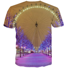 Ferris wheel street view purple lights t shirts Funny 3D t shirt festival Casual men Christmas art costume