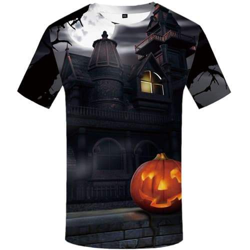 Halloween T shirts Men Pumpkin Tshirt Anime Moon Tshirts Casual Castle Shirt Print Harajuku T-shirts Graphic Short Sleeve - KYKU