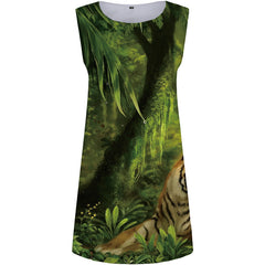 Tiger Dress Women Animal Tank Forest Party Leaf Korean Style Green Sundress Womens Clothing Casual