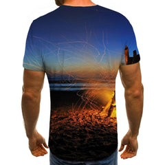 Flame T-shirt Men Landscape Anime Clothes Harajuku Tshirts Casual Sea T-shirts 3d