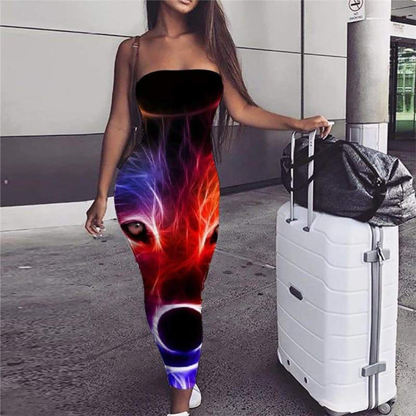 Wolf Dress Women Animal Bodycon Dress Anime Boho Psychedelic Sundress Color 3d Print - KYKU