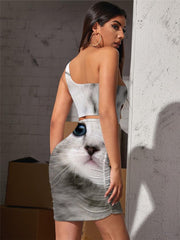 Animal Dress Women Cat Pleating Lovely Halter Sleeveless Harajuku 3d Print