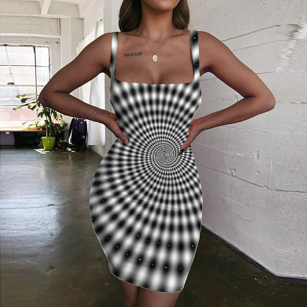 Geometric Dresses Women Psychedelic Bodycon Dress Vortex Ladies Dresses Black And White Halter Sleeveless - KYKU