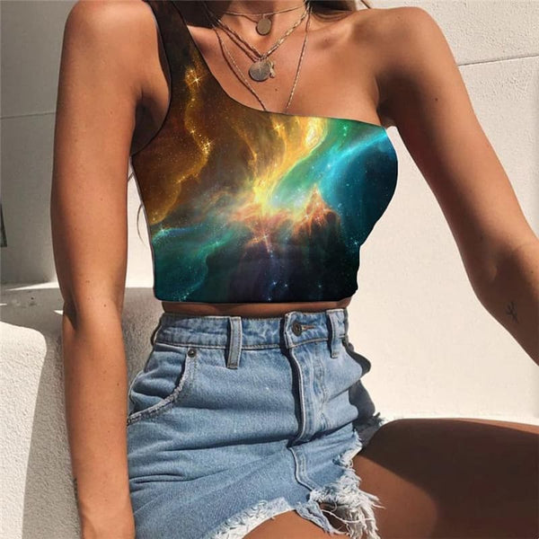 Galaxy Tank Tops Women Space Midriff T shirt Universe Tees Graphic Colorful One Shoulder Crop