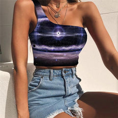 Galaxy Vest Tops Women Space Midriff T shirt Universe Tees Graphic Black Hole Sleeveless Shirt