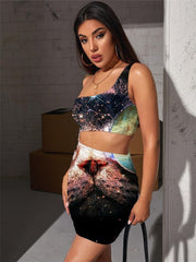 Cat Dress Women Animal Vestido Sexy Galaxy Bodycon Dress Nebula Hollow out Dresses Hip Hop Halter Sleeveless