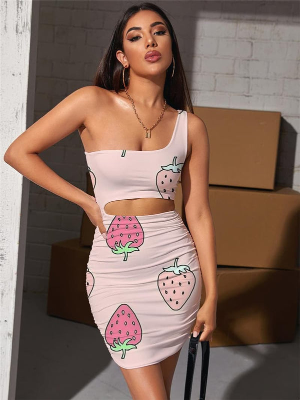Strawberry Dresses Women Lovely Halter Sleeveless Harajuku Pleating Colorful Vestido Sexy
