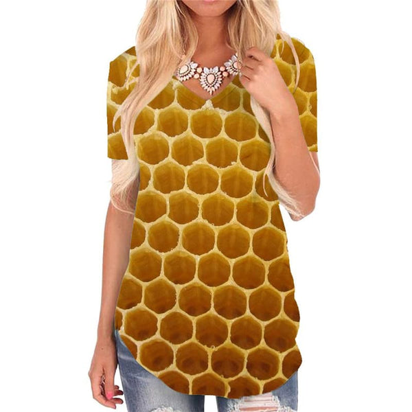 Geometric T Shirt Women Psychedelic Tshirts Printed Vortex Funny T shirts Honey V-neck Tshirt Honeycomb T-shirts 3d