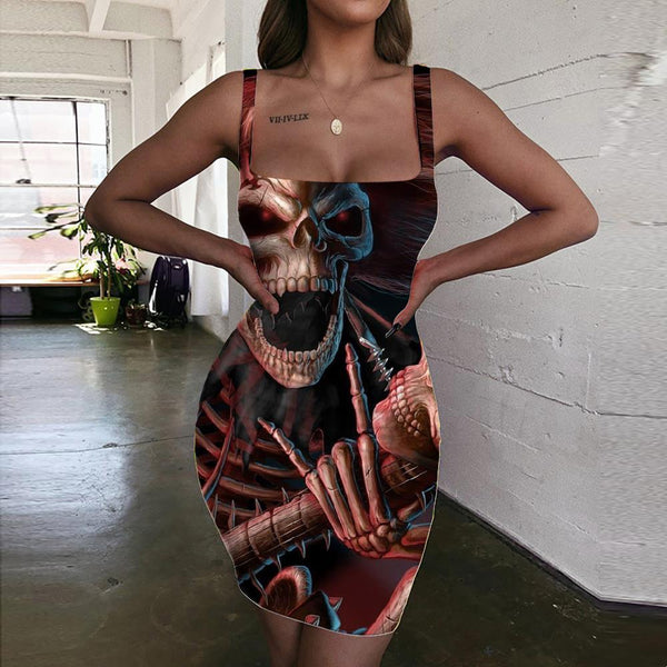 Skull Dresses Women Punk Ladies Dresses Devil Halter Sleeveless Music Vestido Sexy - KYKU
