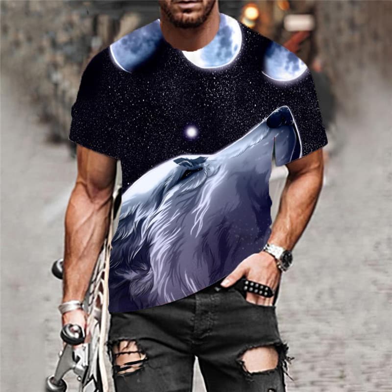 
Wolf T-shirt Men Animal Funny T shirts Moon Anime Clothes Galaxy Tshirts Casual
                