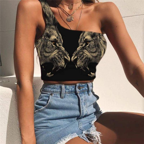 Lion Tank Tops Women Animal Sleeveless Shirt Anime Tees Graphic Ferocious One Shoulder Crop Hip Hop Midriff T shirt - KYKU