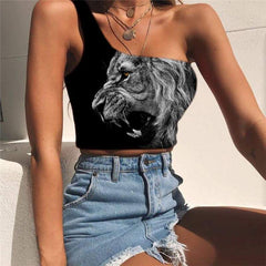 Lion Vest Tops Women Animal One Shoulder Crop Anime Tees Graphic Ferocious Midriff T shirt Black Sleeveless Shirt - KYKU