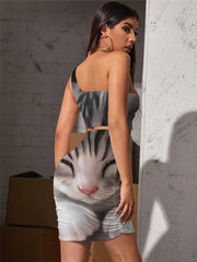 Cat Dresses Women Animal 3d Print Lovely Pleating Harajuku Vestido Sexy
