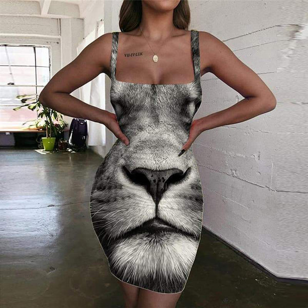 Lion Dresses Women Animal Vestido Sexy Anime Bodycon Dress Head 3d Print Hip Hop Halter Sleeveless - KYKU