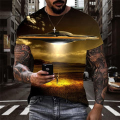 Ufo T-shirt Men War Tshirts Casual Landscape Shirt Print Harajuku Tshirt Printed