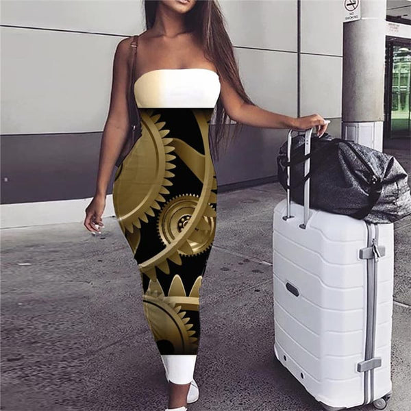 Metal Dress Women Engine Party Gear Vestido Sexy Golden sleeveless