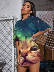 Cat T-shirt Women Animal Gothic Nebula Summer Galaxy Punk Rock Lovely Shirt Print