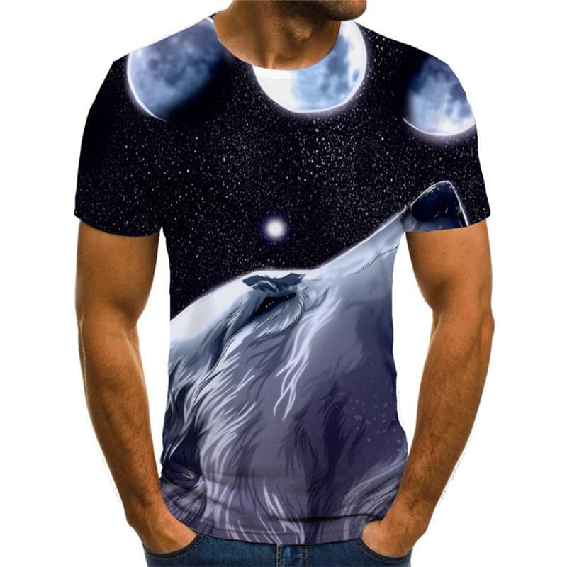 
Wolf T-shirt Men Animal Funny T shirts Moon Anime Clothes Galaxy Tshirts Casual
                