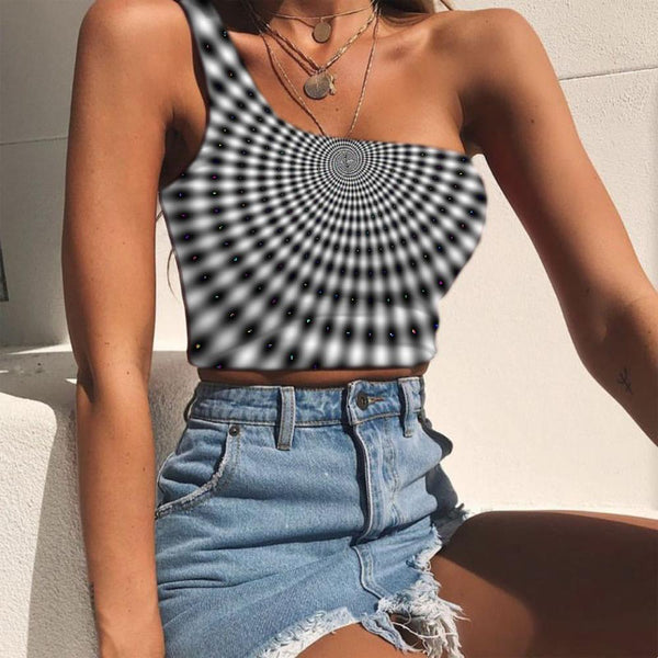 Geometric Vest Tops Women Psychedelic Midriff T shirt Vortex One Shoulder Crop Black And White Sleeveless Shirt - KYKU