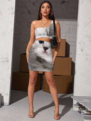 Animal Dress Women Cat Pleating Lovely Halter Sleeveless Harajuku 3d Print