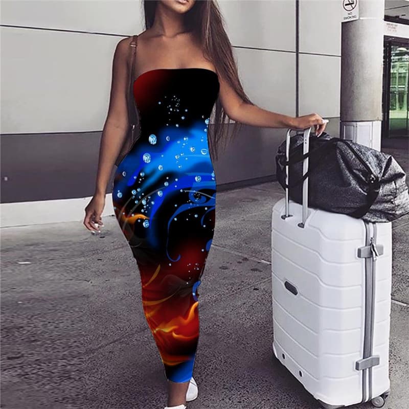 
Blue Flame Dress Women Red Flame 3d Print Colorful Boho Womens Clothing Summer
                