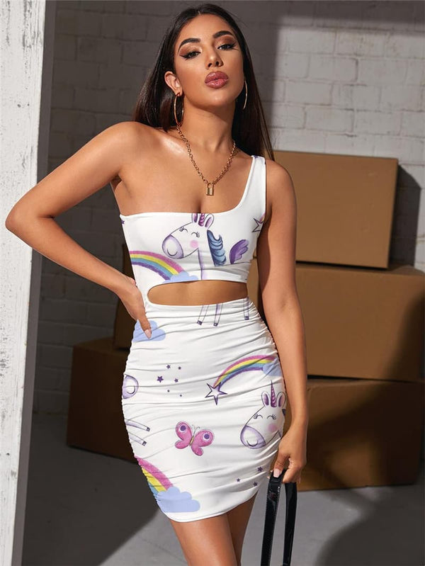 Unicorn Dresses Women Butterfly Hollow out Dresses Rainbow Vestido Sexy Cloud Bodycon Dress