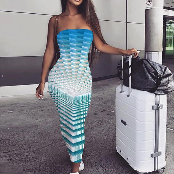 Geometric Dress Women Psychedelic sleeveless Vortex Sundress Blue Boho - KYKU