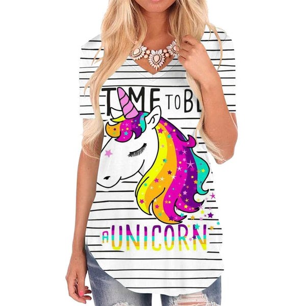 Unicorn T-shirt women Rainbow V-neck Tshirt Animal Funny T shirts Harajuku Tshirts Printed