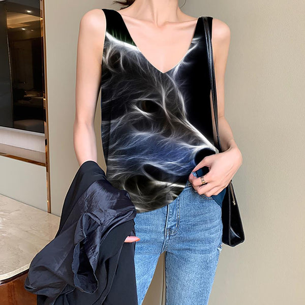 Wolf Tank-Top women Animal Funny Top Anime Tank Tops Casual Psychedelic Vest Printed Black Sleeveless 3d - KYKU