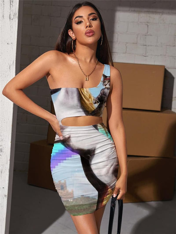 Unicorn Dresses Women Cat Halter Sleeveless Rainbow Bodycon Dress Flame Pleating