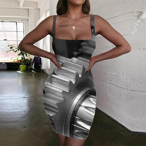 Metal Dresses Women Engine Bodycon Dress Gear 3d Print Punk Rock Ladies Dresses