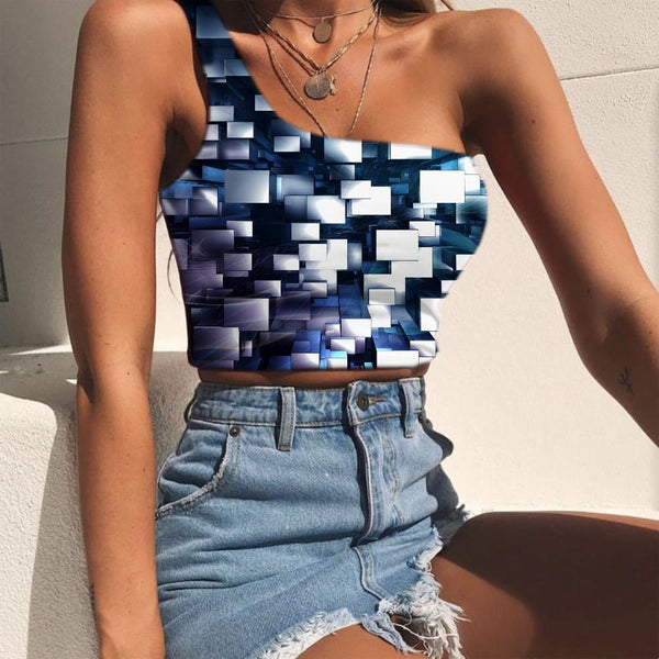 Geometric Vest Tops Women Psychedelic Tees Graphic Vortex Sleeveless Shirt Stereoscopic One Shoulder Crop - KYKU