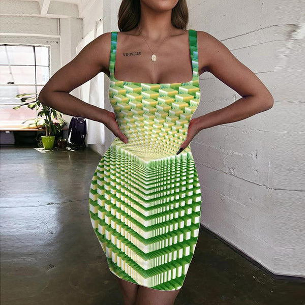 Geometric Dresses Women Psychedelic 3d Print Vortex Bodycon Dress Green Ladies Dresses - KYKU