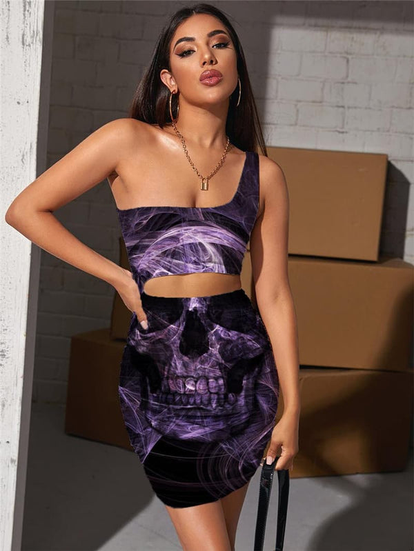 Skull Dress Women Abstract Hollow out Dresses Psychedelic Pleating Harajuku Halter Sleeveless