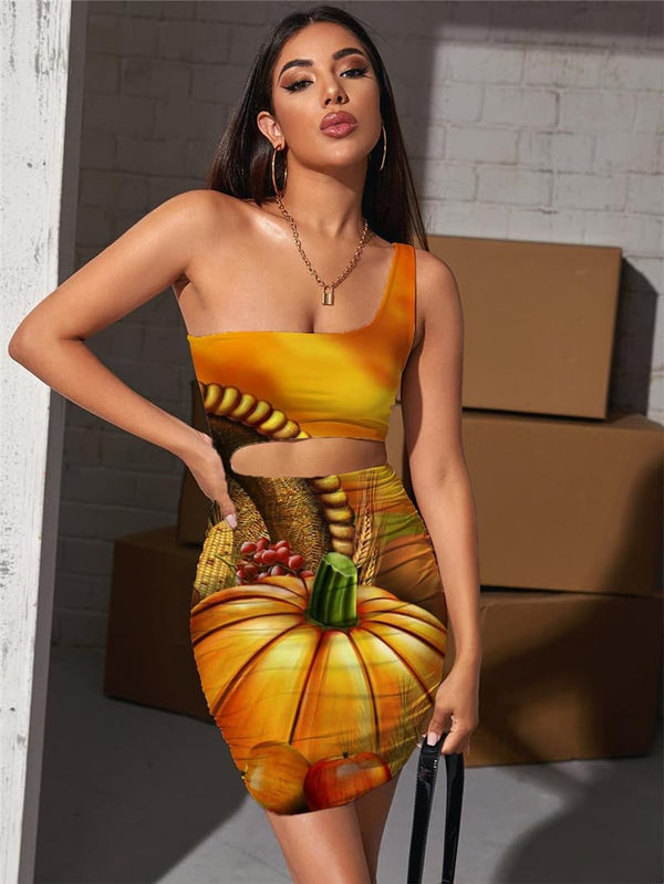 Pumpkin Dress Women Halloween Vestido Sexy Food Pleating Landscape Hollow out Dresses