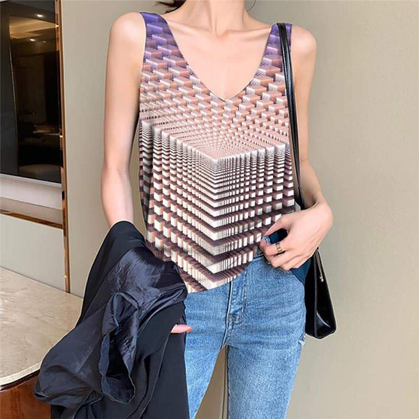 Geometric Tank-Top women Psychedelic Funny Top Vortex Sleeveless 3d Yellow Vest Print - KYKU