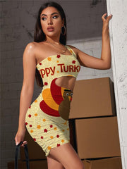 Thanksgiving Dresses Women Animal Hollow out Dresses Hip Hop Pleating Maple Leaf Vestido Sexy