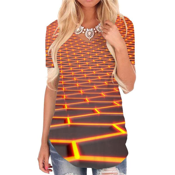 Geometric T Shirt Women Psychedelic T-shirts 3d Vortex Funny T shirts Honeycomb Shirt Print Square V-neck Tshirt