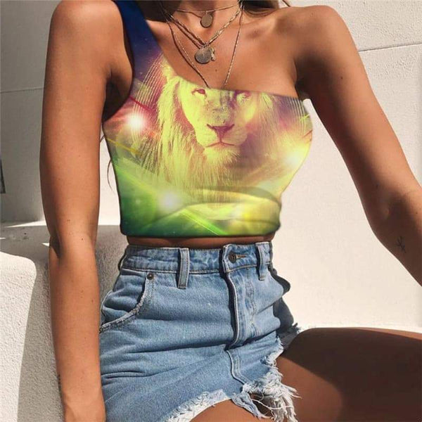 Lion Tank Tops Women Animal One Shoulder Crop Anime Midriff T shirt Galaxy Tees Graphic Colorful Sleeveless Shirt - KYKU