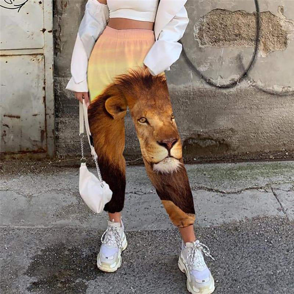 Lion Trousers Women Animal Trouser Anime Casual Pant Pink Clouds High Waist Pants Street Jogger Pants - KYKU