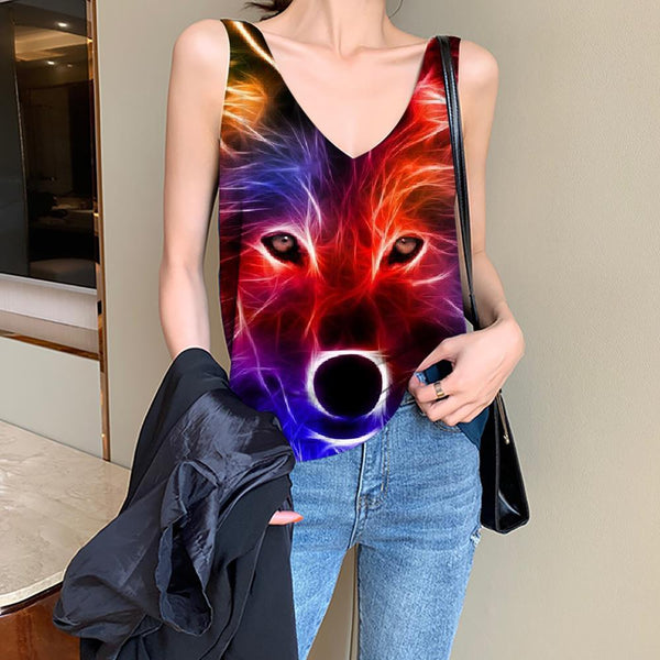 Wolf Tank-Top women Animal Anime Clothes Anime Funny Top Psychedelic Vest Printed Color Sleeveless 3d - KYKU