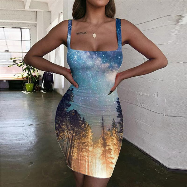 Galaxy Dress Women Space Bodycon Dress Universe Vestido Sexy Forest Ladies Dresses Flame Halter Sleeveless