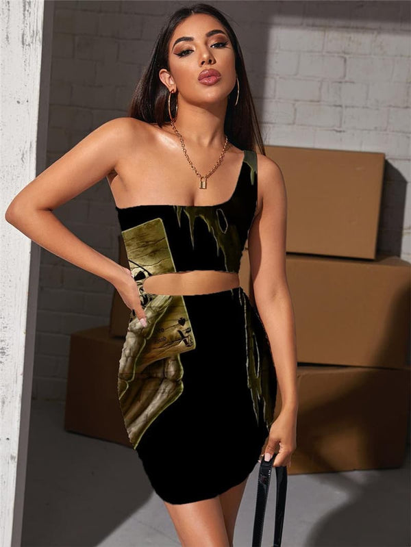Skull Dress Women Skeleton Hollow out Dresses Playing Cards Bodycon Dress Rock Vestido Sexy