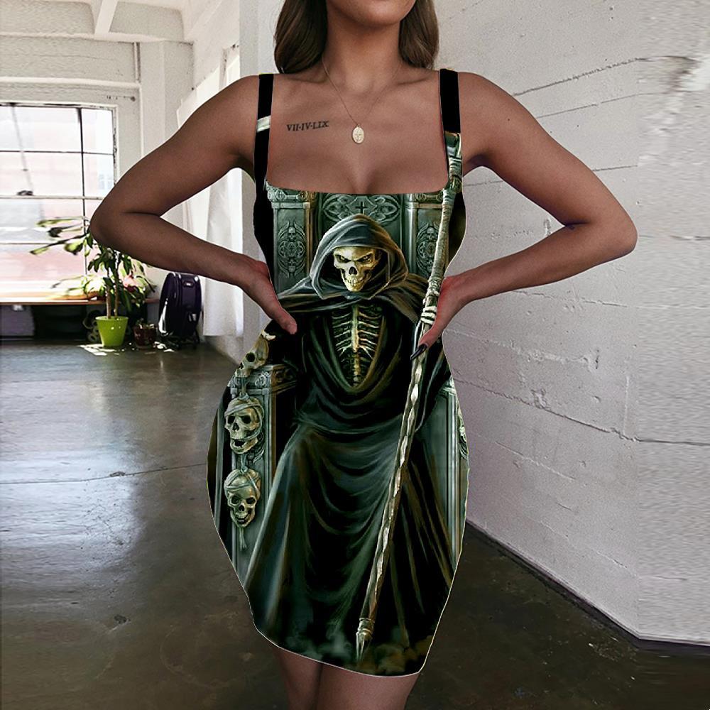 
Skull Dresses Women Punk 3d Print Grim Reaper Halter Sleeveless Lightning Vestido Sexy - KYKU
                