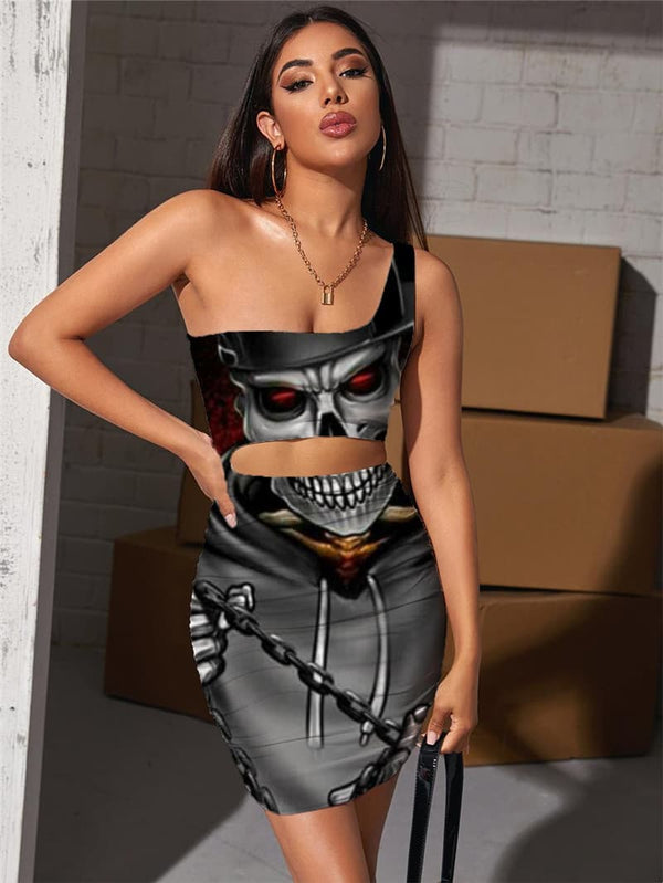 Skull Dresses Women Skeleton 3d Print Rock Vestido Sexy Hip Hop Pleating