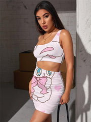 Animal Dresses Women Rabbit Pleating Lovely 3d Print Harajuku Hollow out Dresses
