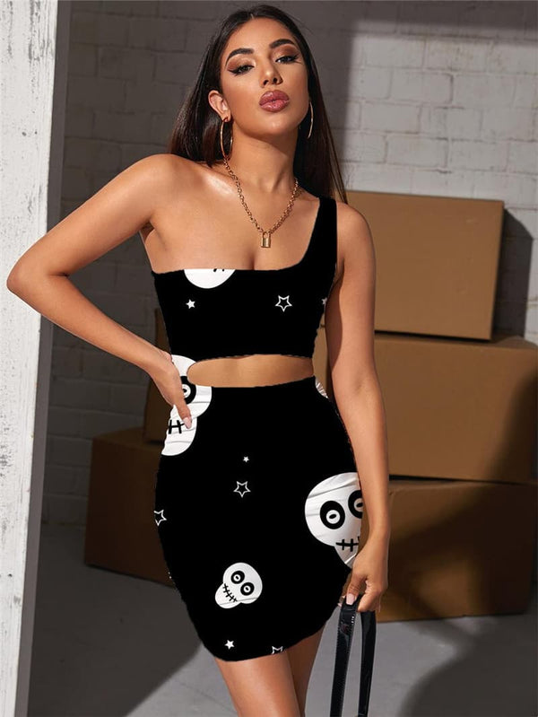 Skull Dresses Women Star Halter Sleeveless Black Bodycon Dress Hip Hop Hollow out Dresses