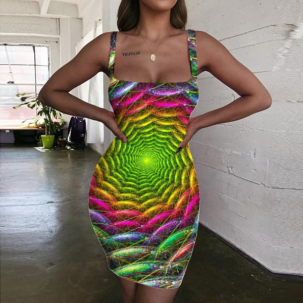 Geometric Dress Women Psychedelic Sundress Vortex Bodycon Dress Colorful 3d Print - KYKU