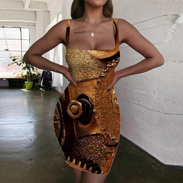Metal Dresses Women Engine Bodycon Dress Gear Halter Sleeveless Art Sundress
